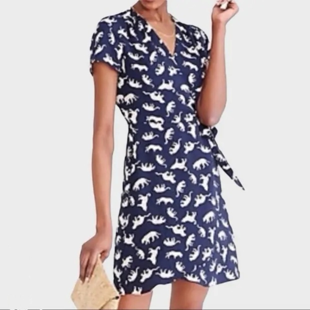 J.CREW Navy Blue and Leopard Print Wrap Dress Size 6